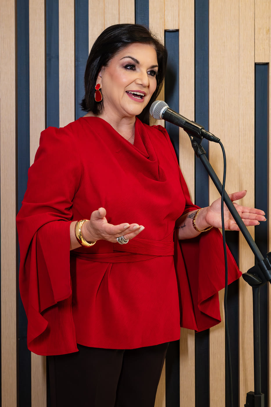 Adriane Werner conduzindo um treinamento ao microfone